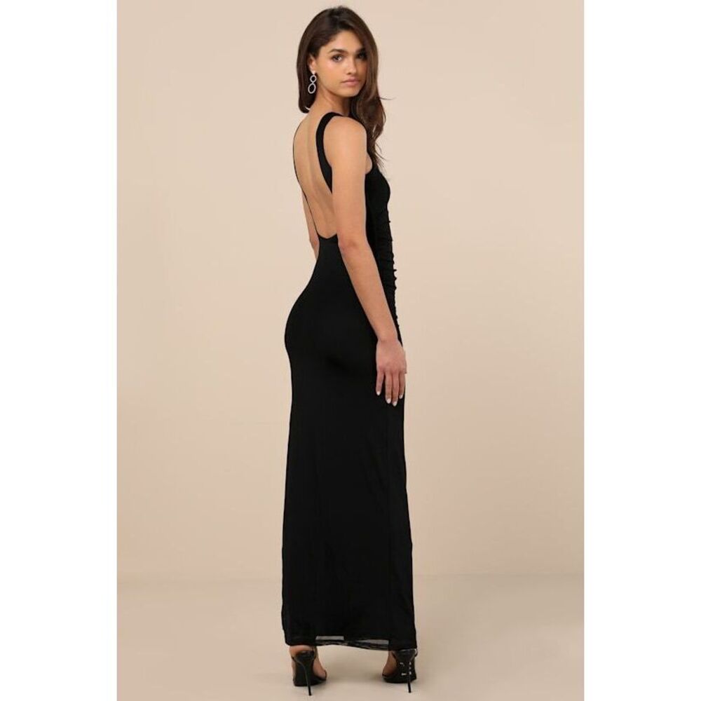 Lulus Karise Black Mesh Ruched Backless Maxi Dress - Size M